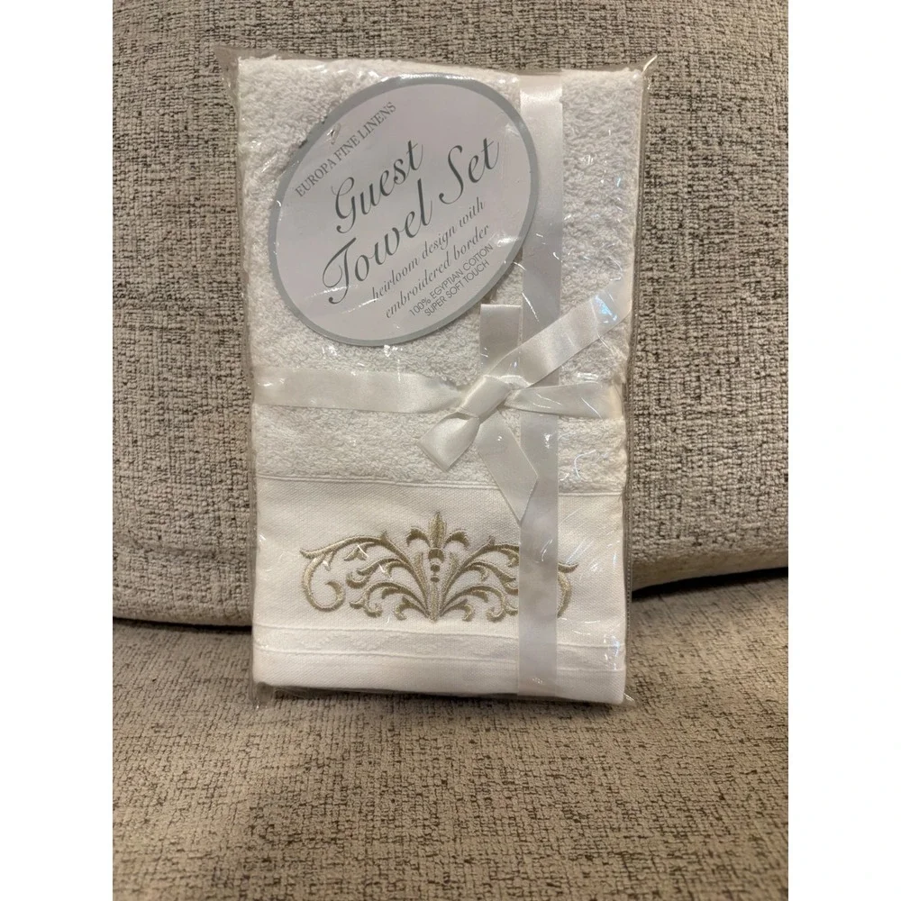 Europa Fine Linens Guest Towel Set 2pc White Egyptian Cotton Gold Embroidered